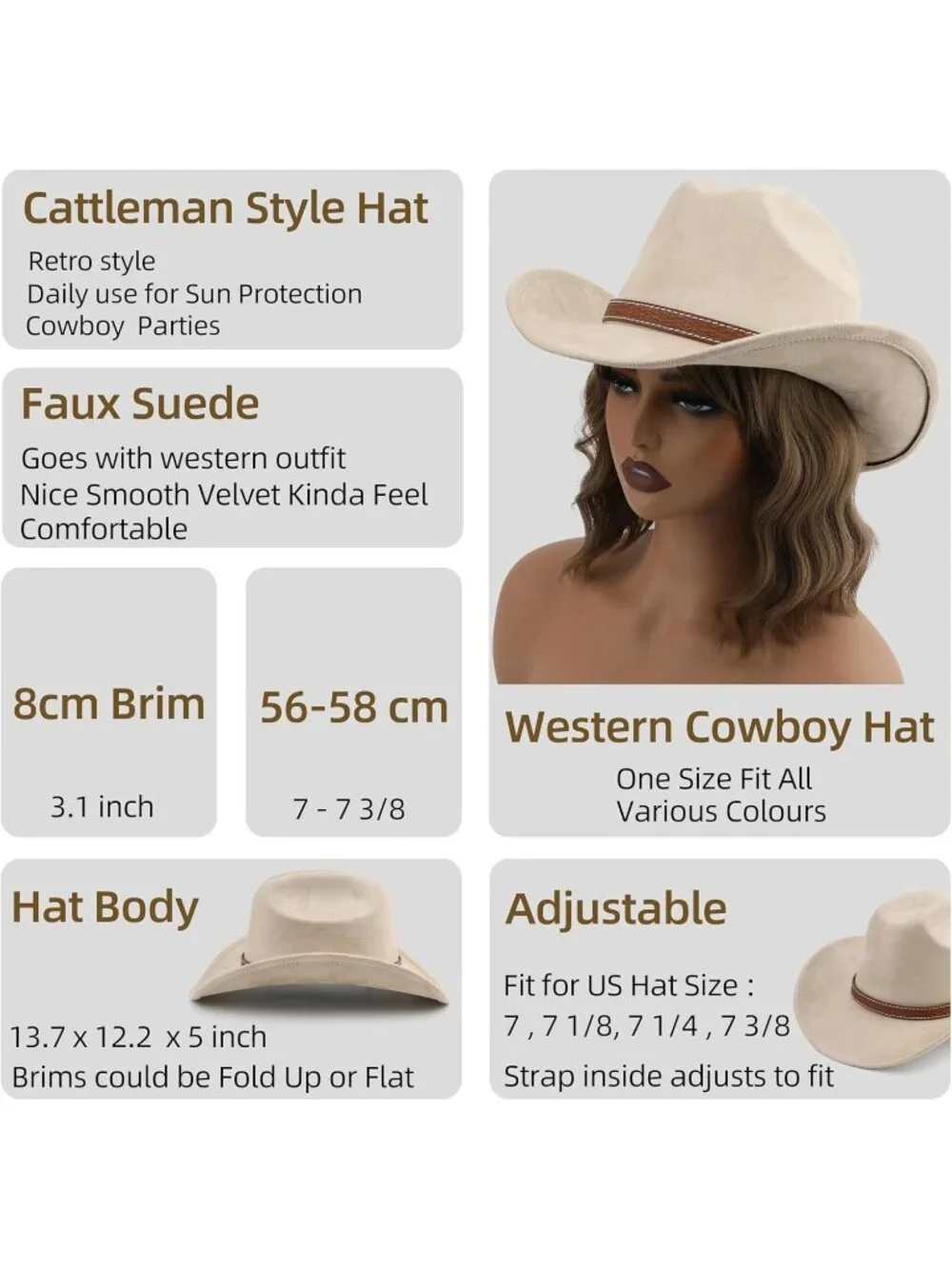Kids Beige Pull-On Western Costume Cowboy Hat with Brown Band